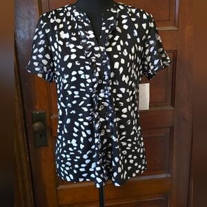 Black and White Ruffle-Front Short-Sleeve Blouse by